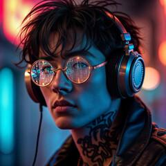 Poster - young Yakuza music man headphone tattoo street