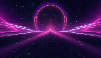 Wall Mural - Neon empty stage lamps, pink and purple light, dark corridor, futuristic dark neon portal.