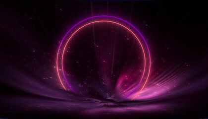 Wall Mural - neon empty stage lamps, pink and purple light, dark corridor, futuristic dark neon portal.