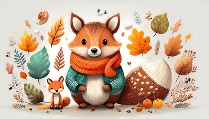 Whimsical Forest Animals in Fall - featuring forest animals like foxes, squirrels, and deer dressed in cozy sweaters or scarves, surrounded by autumn foliage. Graphic art illustration