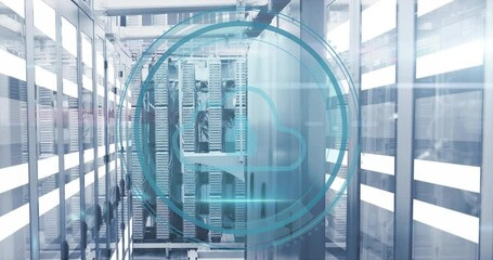 Poster - Animation of cloud icon and digital data processing over computer servers