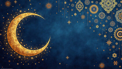 Indigo & Gold Crescent Indigo background with gold Islamic patterns and a glowing crescent moon