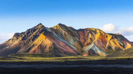 Vibrant Volcanic Landscape with Colorful Rhyolite Mountains, Black Lava Fields, and Clear Blue Sky