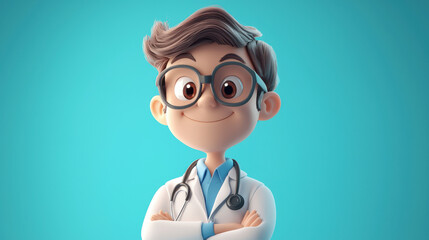 A stylized illustration of a medical professional in a white lab coat with a stethoscope