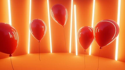 Wall Mural - Red balloons floating with bright orange neon light backdrop