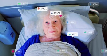 Poster - Animation of social media icons and numbers over caucasian woman in hospital bed