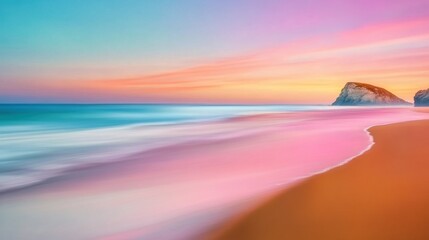 Wall Mural - A colorful sunset on the beach with a rock in front of it, AI