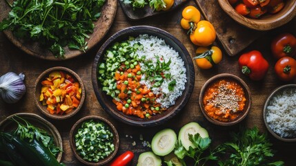 Birds Eye View of a Table with Fresh Ingredients and Rice