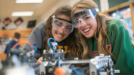 Poster - Two high school students wearing school uniforms and safety goggles work on a robotic arm for a science fair in their classroom. 