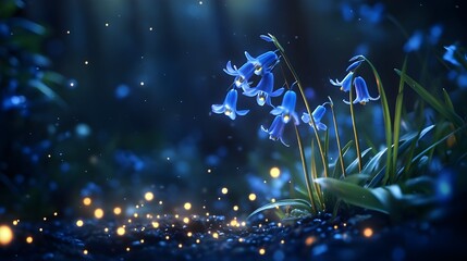 Glowing bluebell flowers against dark background with a dotted light pattern on the ground image