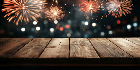 Happy New Year 2025 night sky celebration against colorful firework blurry bokeh festive background with rustic wooden surface foreground. Event banner with copy space.