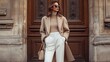 © PaulShlykov - Outdoor autumn portrait of young elegant fashionable woman wearing trendy sunglasses, camel color coat, with textured leather shoulder bag, walking in street of European city. Copy space