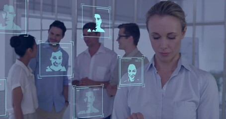 Poster - Animation of biometric photos and data over diverse businesspeople in office