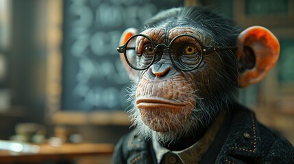 Chimpanzee in Glasses Thinking Deeply