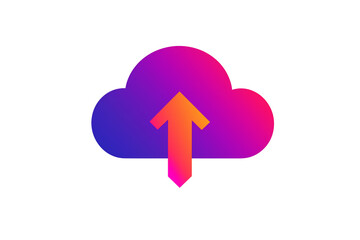 a minimalist cloud upload icon featuring a vibrant gradient of pink, purple, and orange. the upward 