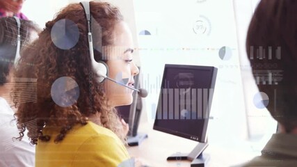 Poster - Animation of financial data processing over diverse business people using phone headsets