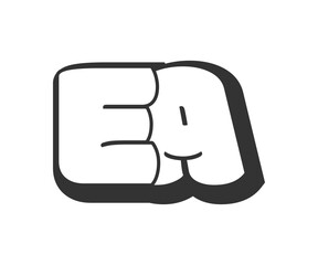 EA logo, bubble comic lettering, rounded in graffiti style black and white silhouette. Trendy preschool E and A letter text for festival party, personal initials, children funky print and web.