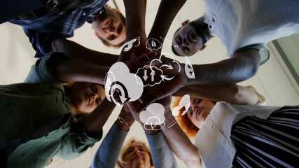 Poster - Animation of globe with cloud icons over diverse business people stacking hands