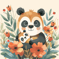 Poster - A panda bear is holding a baby panda bear in its arms