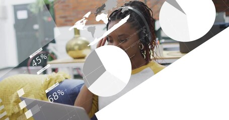 Poster - Animation of financial data processing over biracial businesswoman using laptop