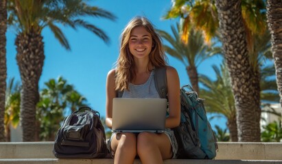 Poster - Happy young female student with laptop and backpack sitting on palm trees background outdoors, studying online using computer during summer holidays, travel concept.