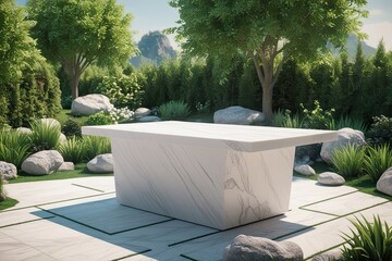 Poster - 3D White Marble Podium Display Platform in a Summer Green Scene with Plants and Rocks