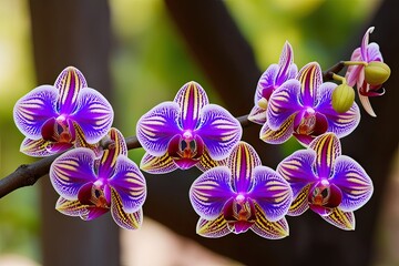 Kaleidoscopic Orchid Blossoms Framed on a Tree Branch with Vibrant Colors