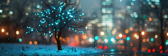 Poster - Illuminated Winter Tree A solitary tree adorned with blue twinkling lights gleams vibrantly at dusk, creating a striking contrast against the bokeh glow of urban night lights.