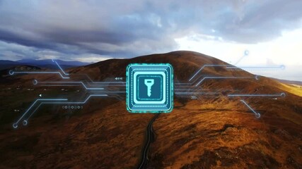 Poster - Animation of key icon and circuit board over landscape