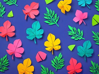 Wall Mural - Colorful Paper Leaves on Blue Background