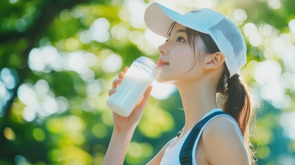 Wall Mural - A beautiful Japanese woman is drinking water from the glass outdoors. Portrait. close up view