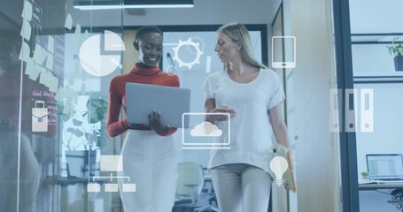 Poster - Animation of digital business icons and data processing over diverse business people in office