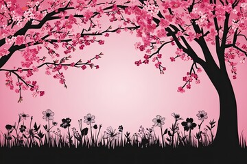 Wall Mural - Vibrant Cherry Blossom Silhouette with Elegant Wildflower Bouquet and Artistic Black and White Shadow Effect