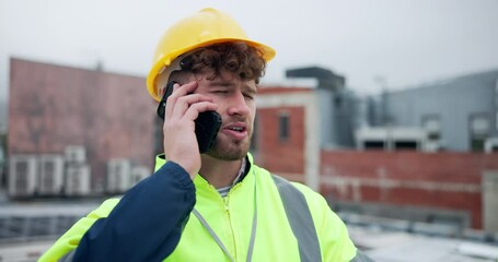 Poster - Architecture, city and phone call with construction worker man outdoor on roof for communication or planning. Building, industry and infrastructure with engineer outdoor in urban town for development