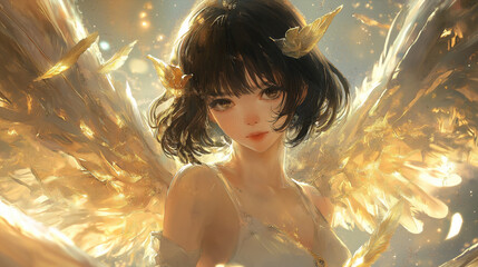 anime digital illustration of beautiful angel with wings