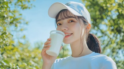 A beautiful Japanese woman is drinking water from the glass outdoors. Portrait. close up view