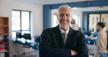 Fototapete - Mature man, professor and arms crossed for education in classroom for information technology in high school. Male person, portrait and smile as teacher in confidence on teaching, learning and support