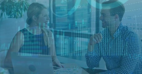 Poster - Animation of financial data processing over diverse business people in office