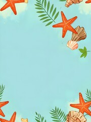 Poster - Seashells & Starfish on Blue Background