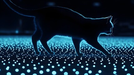 Poster - Glowing cat walking on dark background with dotted lights picture