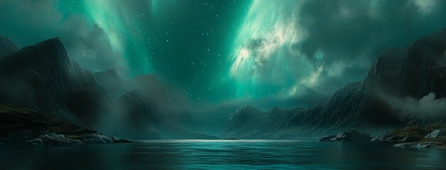 Wall Mural - Stunning Aurora Borealis over Rocky Mountains. Magical Northern Lights Background.