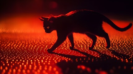 Poster - Radiant cat moving against dark with light dots picture