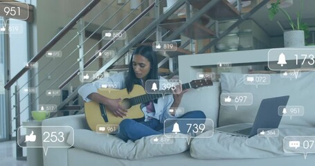 Poster - Animation of icons and data processing over biracial woman playing guitar
