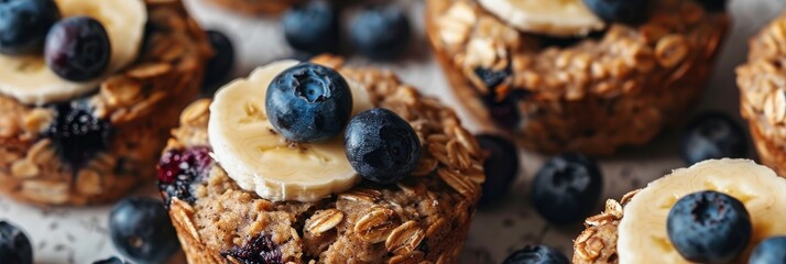 Canvas Print - Close-up of a plant-based dessert featuring a vegan oatmeal muffin with banana and blueberry.