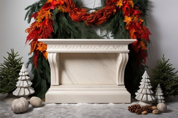 Wall Mural - Elegant 3D Ivory Marble Pedestal Displayed in Winter Wonderland with Colorful Foliage and Stone Art Arrangement