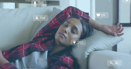 Poster - Animation of icons and data processing over biracial woman sleeping