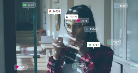 Poster - Animation of icons and data processing over biracial woman drinking tea