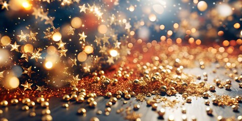 Wall Mural - Beautiful abstract background with dark and golden particles .Christmas Golden light shine particles broken on navy blue background. Gold foil texture.  Holiday.