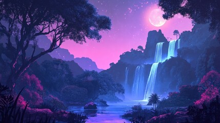 Beautiful cyberpunk forest of vibrant trees and glowing waterfalls under moonlight, captured in a dynamic retro-futuristic vector design