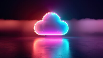 Poster - Neon cloud illustration glowing in vibrant colors against a dark background with mist, depicting digital technology and creativity concepts, perfect for tech related imagery